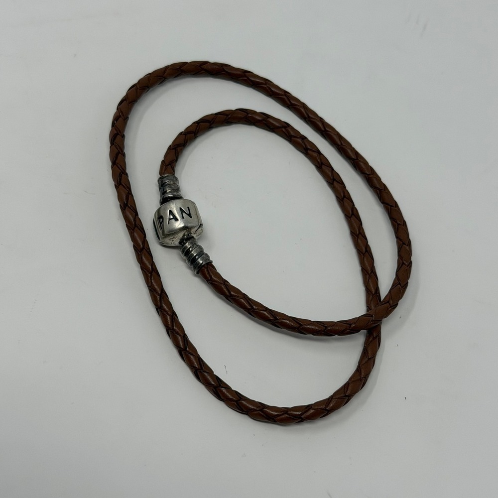 Pandora Double Wrap Braided Leather Bracelet 14.5" Brown Sterling Silver Clasp